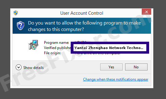 Screenshot where Yantai Zhenghao Network Technology (Zhifu Branch) Co., LTD. appears as the verified publisher in the UAC dialog